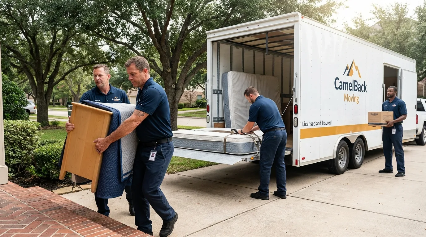 Crew loading residential truck for cross-state move from Navasota, TX
