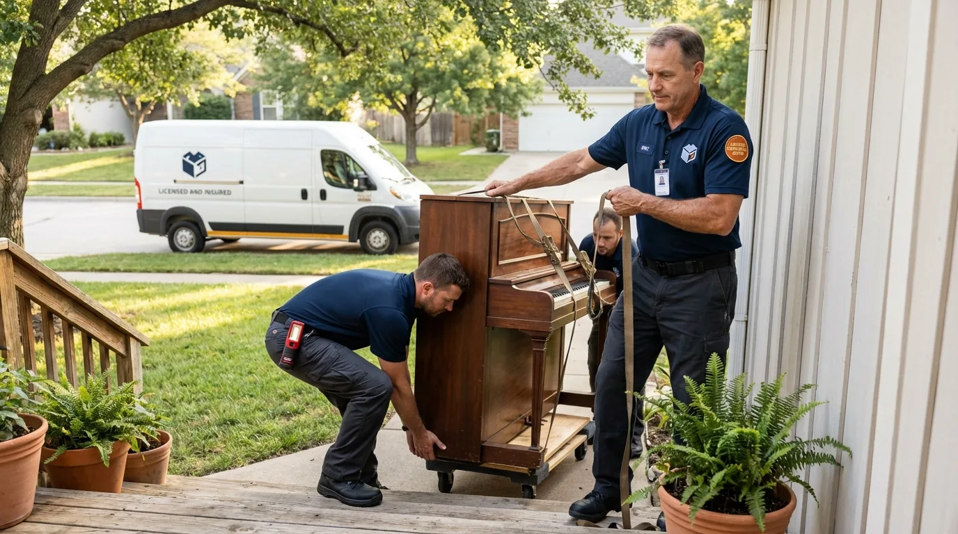 Licensed piano movers securing grand piano in Navasota, TX