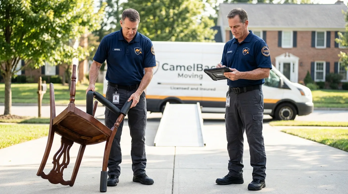 Movers inspecting furniture for damage prevention before loading in Navasota, TX