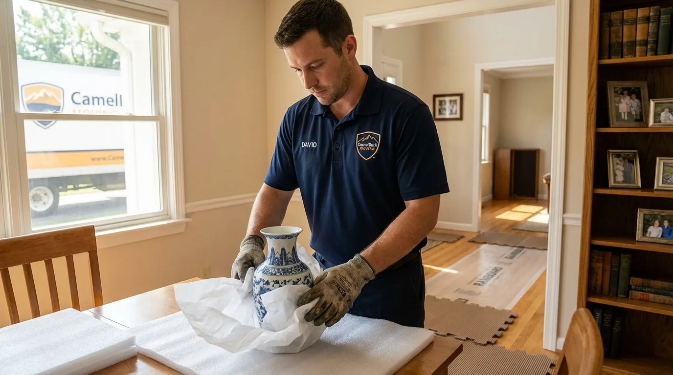 Professional crew carefully wrapping antique vase for senior downsizing move in Navasota, TX