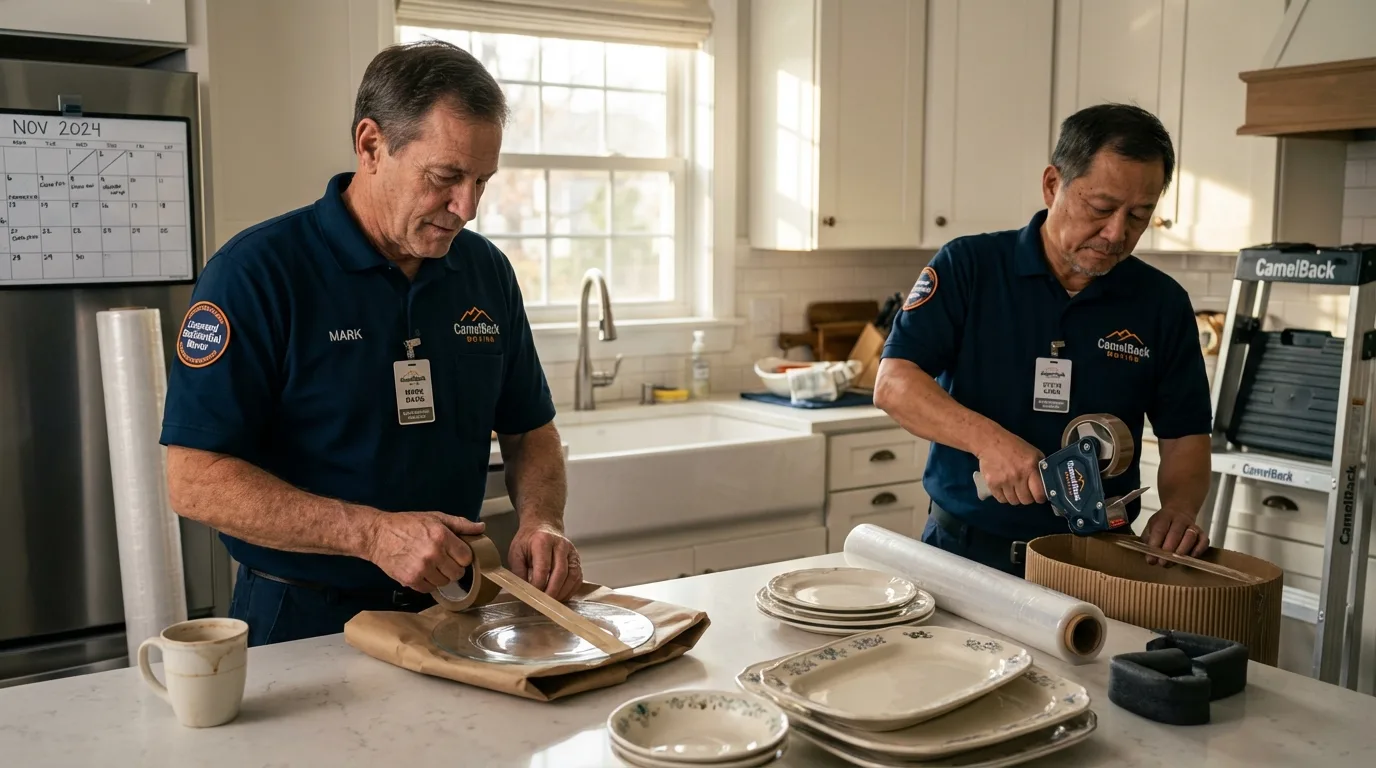 Professional crew packing kitchen dishware in Navasota, TX